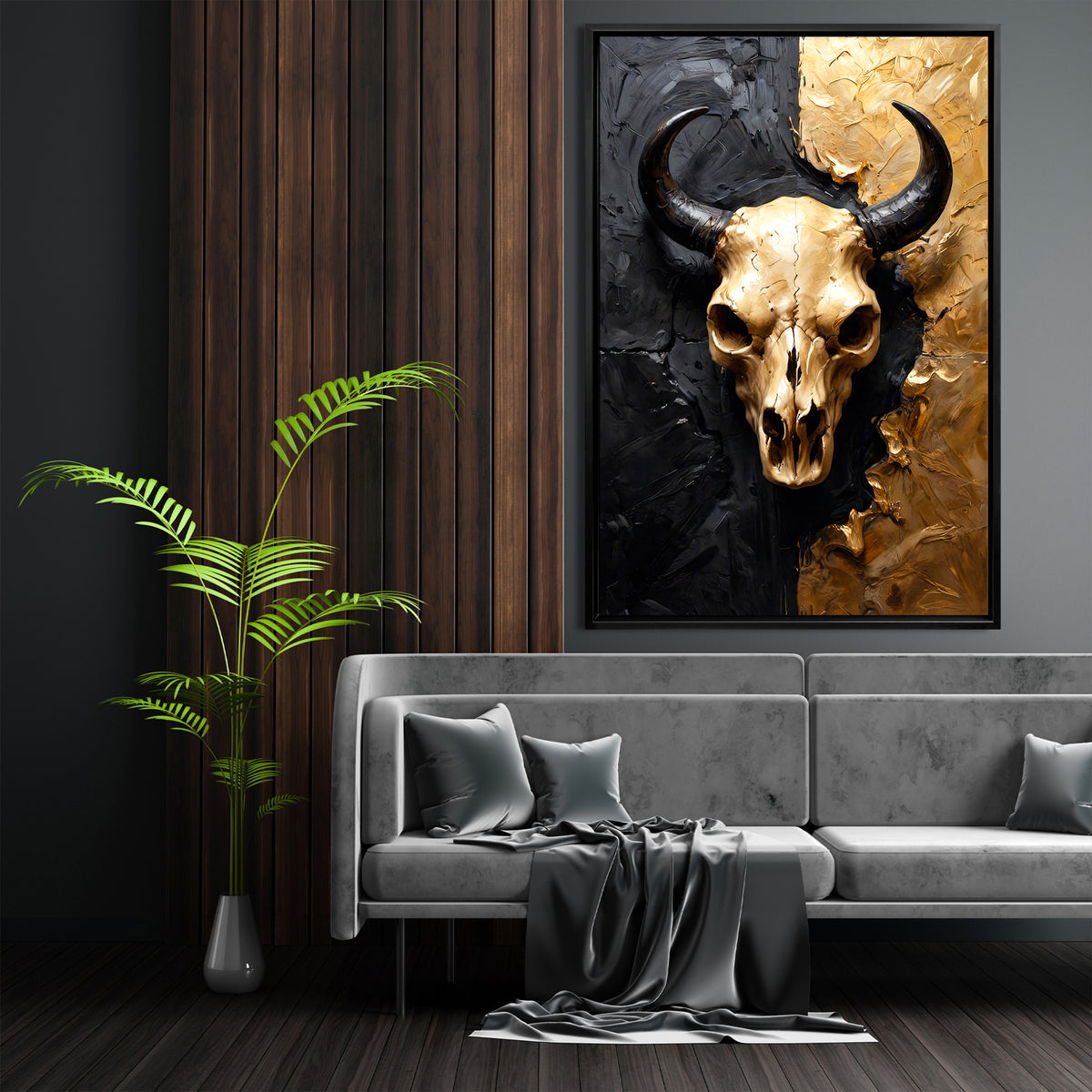 Stierschädel in Schwarz und Gold