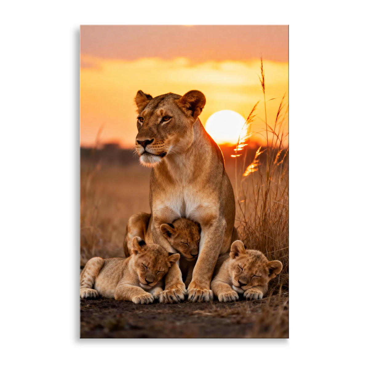 Löwenfamilie im Sonnenuntergang