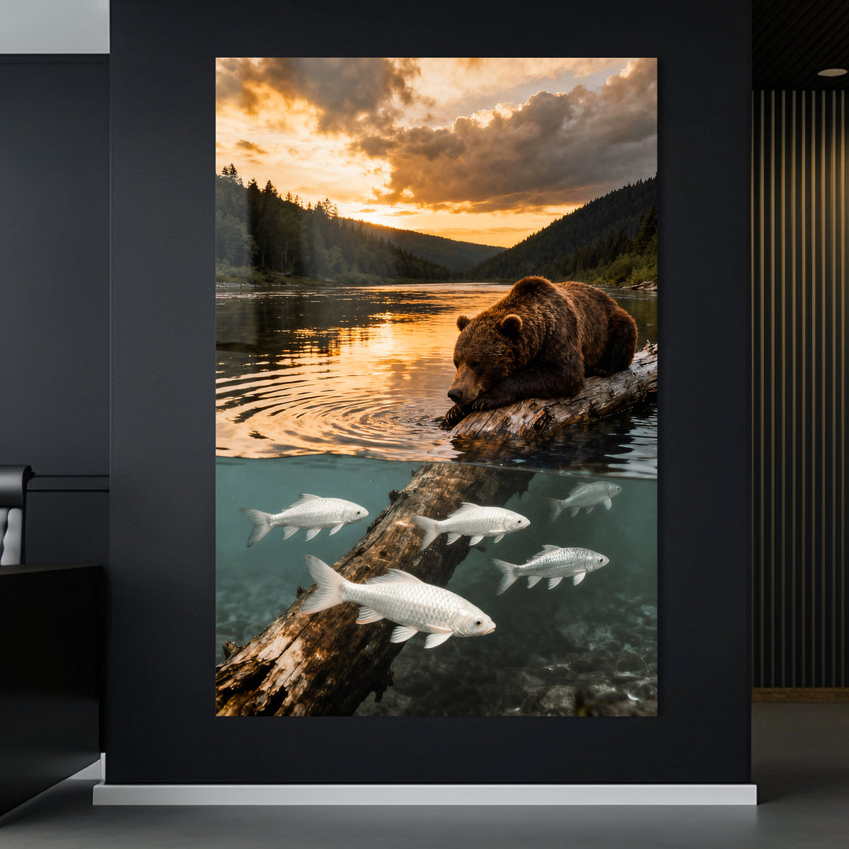 Bär am Fluss im Abendlicht
